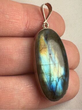 Large vintage solid sterling genuine labradorite gemstone pendant t- flashhhyyyy